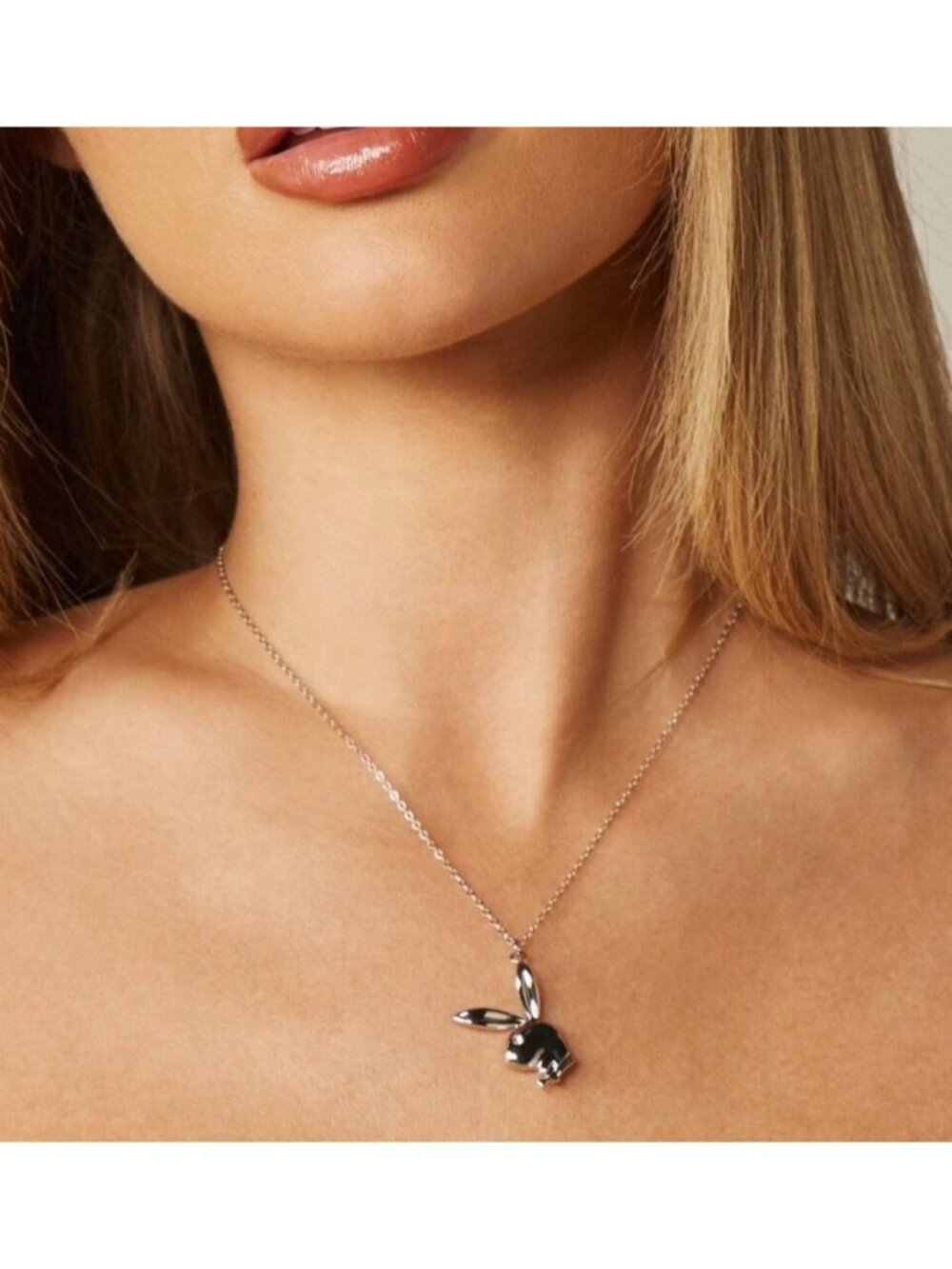 Playboy Bunny Pendant Necklace Silver-Tone Cable Chain Adjustable
